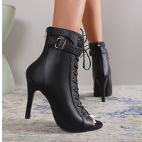 Women's Black Lace-Up Peep Toe Stiletto Heels with Buckle