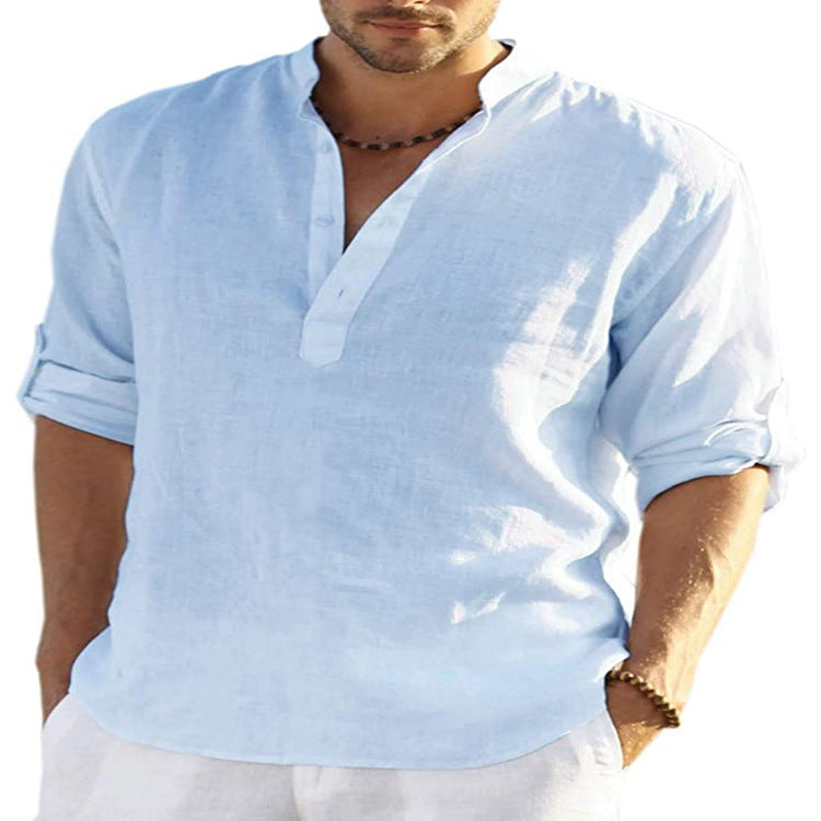 BreezeFit | Men's Cotton Linen Long Sleeve Stand Collar Shirt