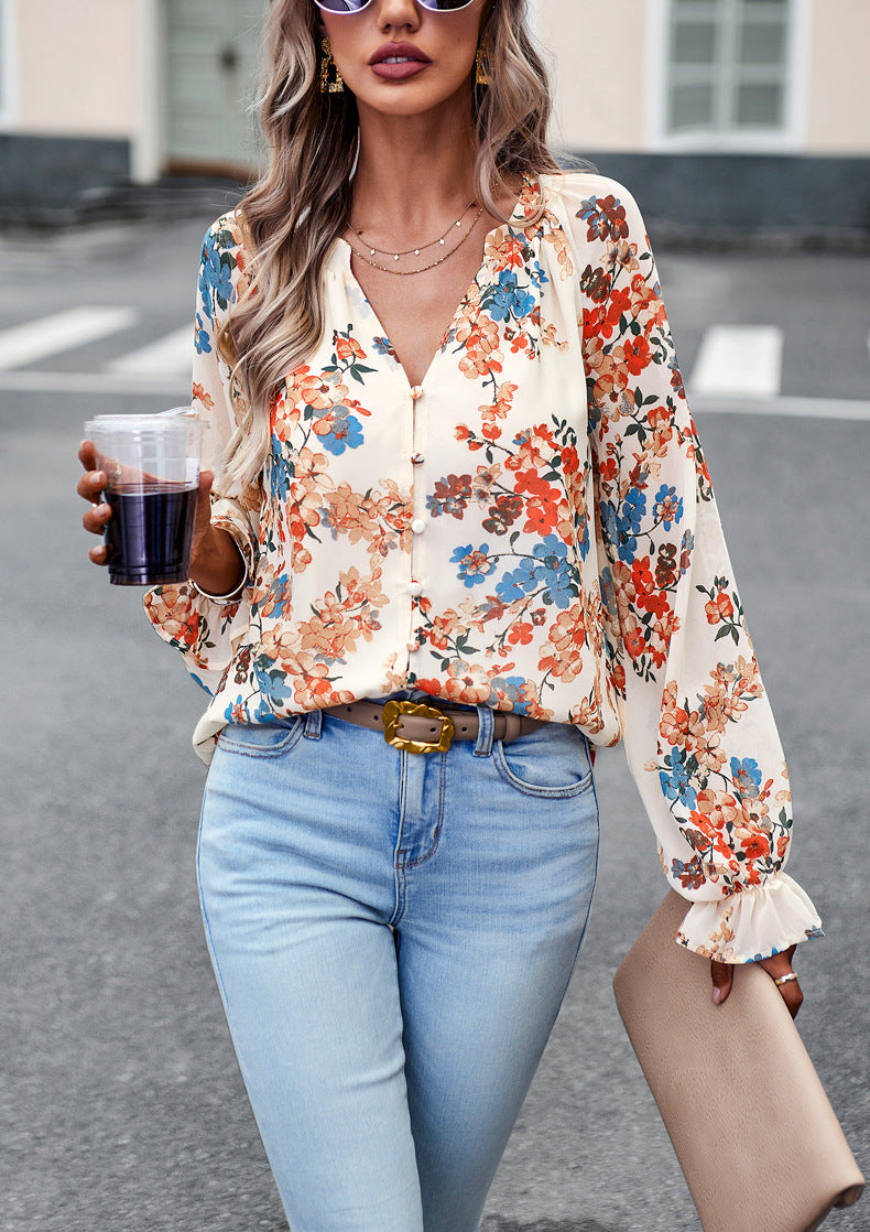 Women's Floral Chiffon Blouse | V-Neck Long Sleeve Casual Top