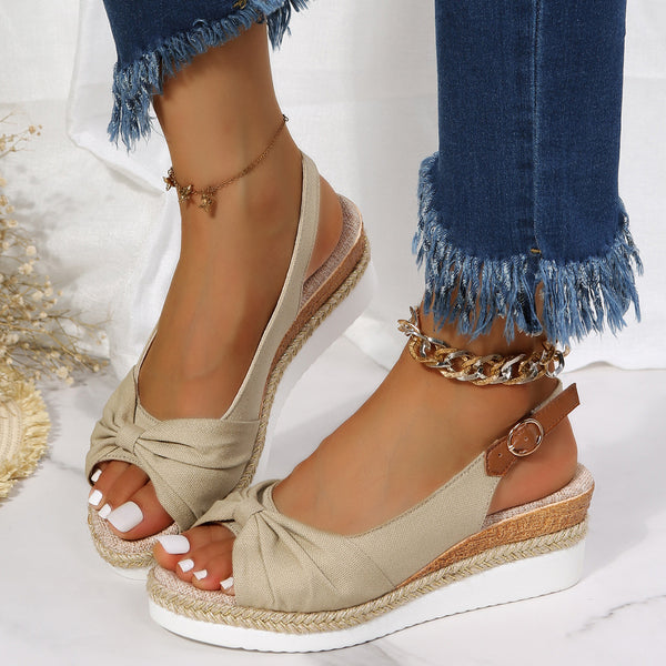 Women’s Bow Wedge Sandals – Hemp Rope Sole & Peep Toe