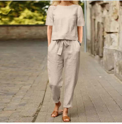 VersaLuxe | Women's Cotton-Linen Short Sleeve Top & Wide-Leg Pants Set