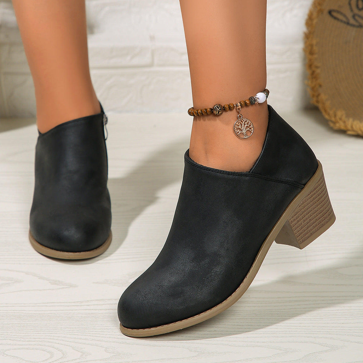 Chunky Heel Round Toe Ankle Boots With Side Zipper Design Fall Winter Short Boots