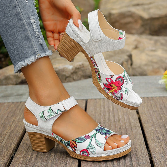 Women's Floral High Heel Velcro Sandals – Casual PU Comfort