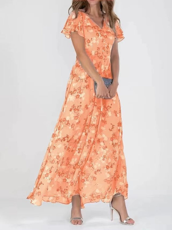 Xanthe | Floral Ruffle V-Neck A-Line Dress – Summer Beach Style