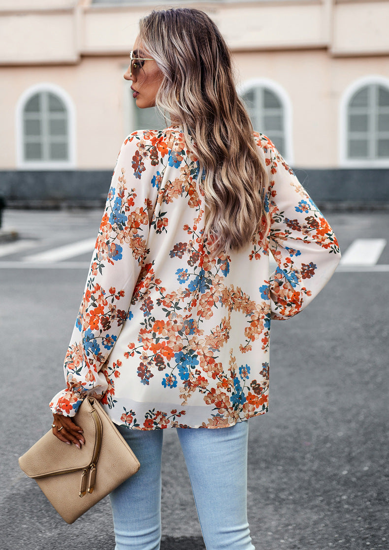 Women's Floral Chiffon Blouse | V-Neck Long Sleeve Casual Top