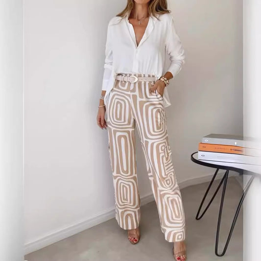 Yvette™ | Langärmliges Hemd mit bedruckter Hose mit weitem Bein, 2-teiliger Anzug