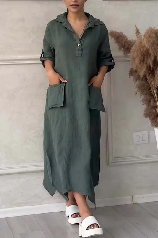 Annelin | Cotton Linen Polo Collar Pocket Dress for Women