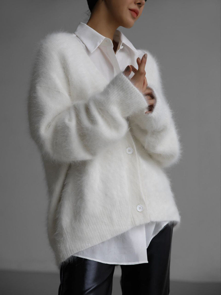 Loose V-neck Button Cardigan Fall Winter Single Breasted Knitted Sweater Top