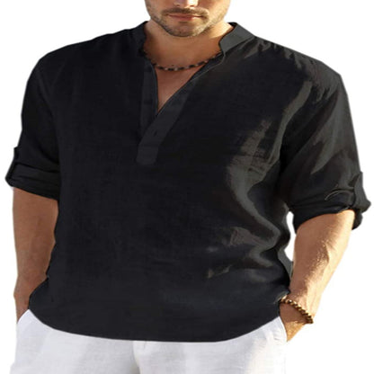 BreezeFit | Men's Cotton Linen Long Sleeve Stand Collar Shirt