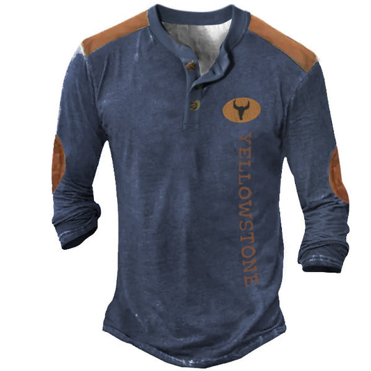 Men’s Long Sleeve Henley T-Shirt – Polyester Casual Patch Tee