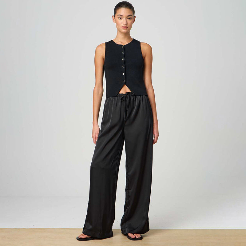 Women's Black Wide-Leg Trousers with Drawstring | Mid Waist Fit