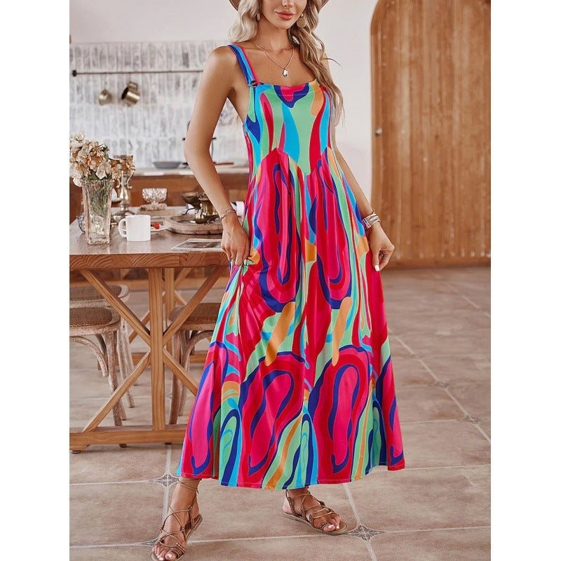 Leah | Women's Colourful Spaghetti Strap Pocket Long Summer Dress