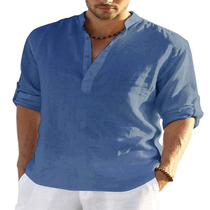 BreezeFit | Men's Cotton Linen Long Sleeve Stand Collar Shirt