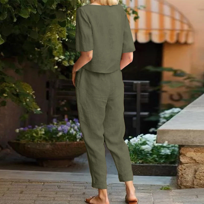 VersaLuxe | Women's Cotton-Linen Short Sleeve Top & Wide-Leg Pants Set