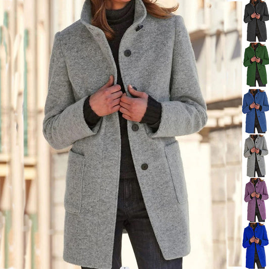 Stehkragen Wollmantel mit Taschen Herbst Winter Casual Button Outwear
