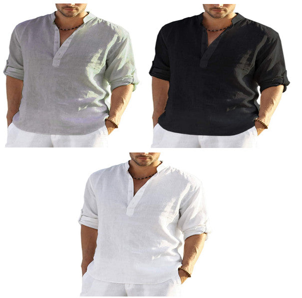 BreezeFit | Men's Cotton Linen Long Sleeve Stand Collar Shirt