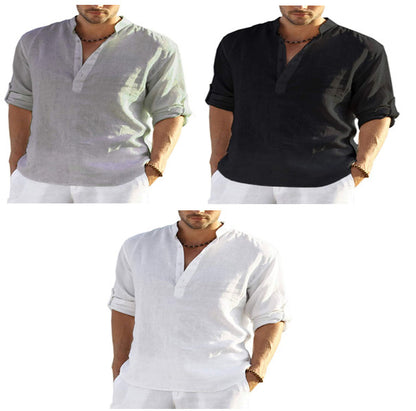 BreezeFit | Men's Cotton Linen Long Sleeve Stand Collar Shirt