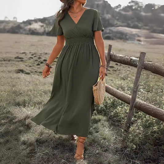 Beau | V-Neck Waist Cinched Side Slit Long Dress