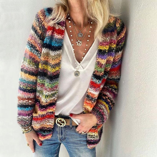 RainbowVibe Style Colorful Pattern Loose Cardigan Sweater Coat
